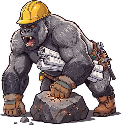 Contractor gorilla in a yellow hard hat, roaring, with an armful of rolled drawings, fist cracking a rock
