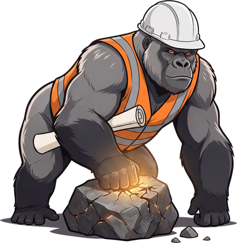 Engineer gorilla in a white hard hat and hi-vis vest, holding a rolled drawing, fist on a cracked rock